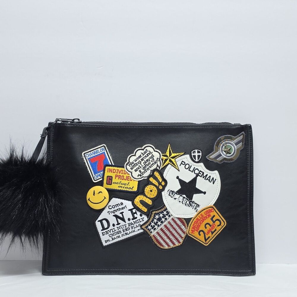 Dream Control Black Large Patched Clutch With Pom Pom Vegan Leather Hipster